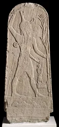 Stormguden Baal med en torden, fra Ugarit (Ras Shamra) c.1350-1250 f.Kr. (sandsten)